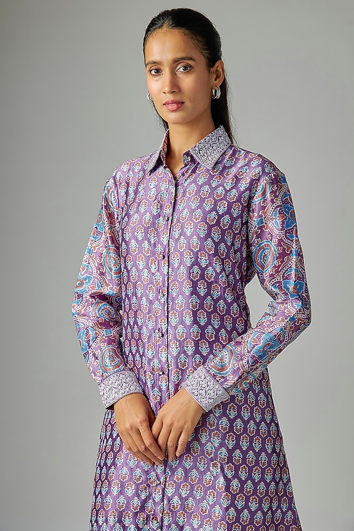 Purple Kora Silk Ajrakh Printed & Floral Embroidered Long Kurta Set by Prisha's at Pernia's Pop Up Shop