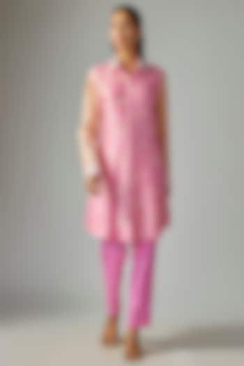 Pink Kora Silk Ajrakh Printed & Floral Embroidered Long Kurta Set by Prisha's at Pernia's Pop Up Shop