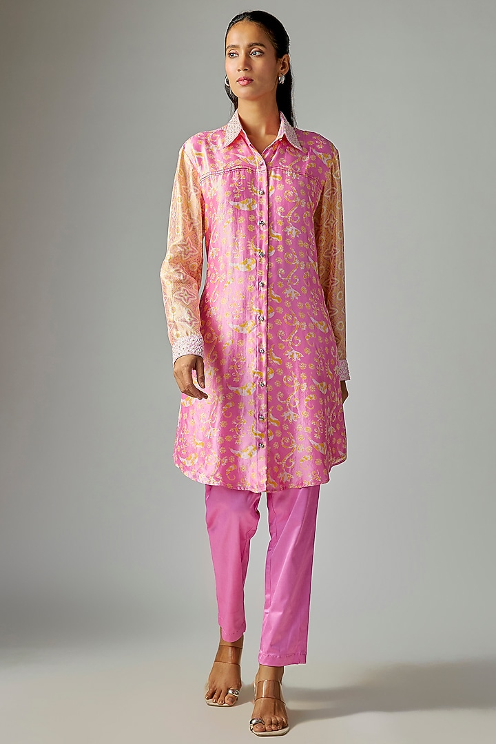 Pink Kora Silk Ajrakh Printed & Floral Embroidered Long Kurta Set by Prisha's at Pernia's Pop Up Shop
