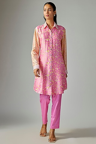 Pink Kora Silk Ajrakh Printed & Floral Embroidered Long Kurta Set by Prisha's
