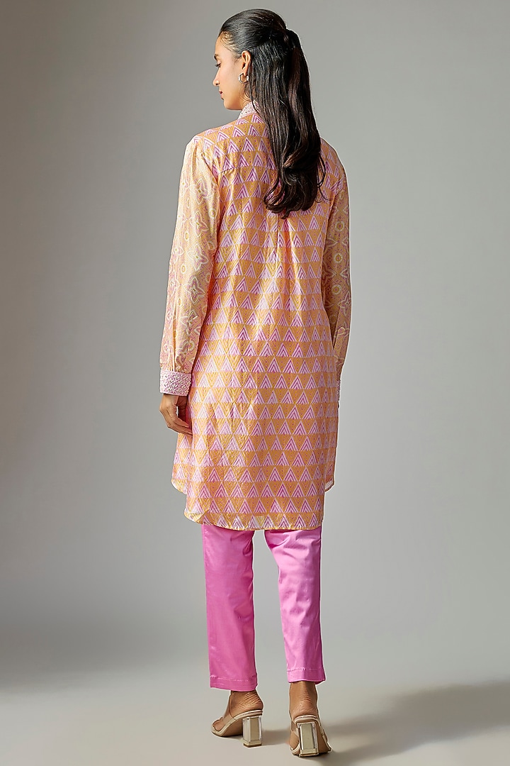 Pink Kora Silk Ajrakh Printed & Floral Embroidered Long Kurta Set by Prisha's at Pernia's Pop Up Shop