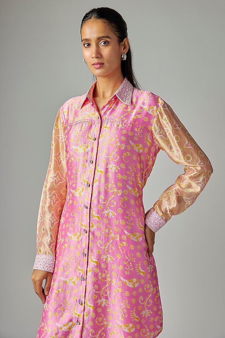 Pink Kora Silk Ajrakh Printed & Floral Embroidered Long Kurta Set by Prisha's at Pernia's Pop Up Shop