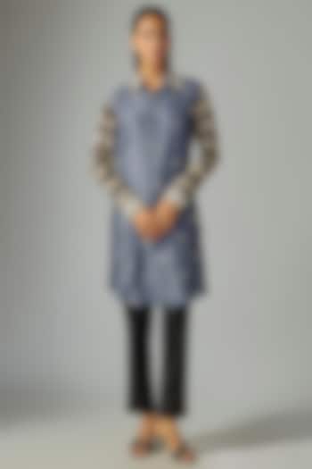 Blue Kora Silk Ajrakh Printed & Floral Embroidered Long Kurta Set by Prisha's at Pernia's Pop Up Shop