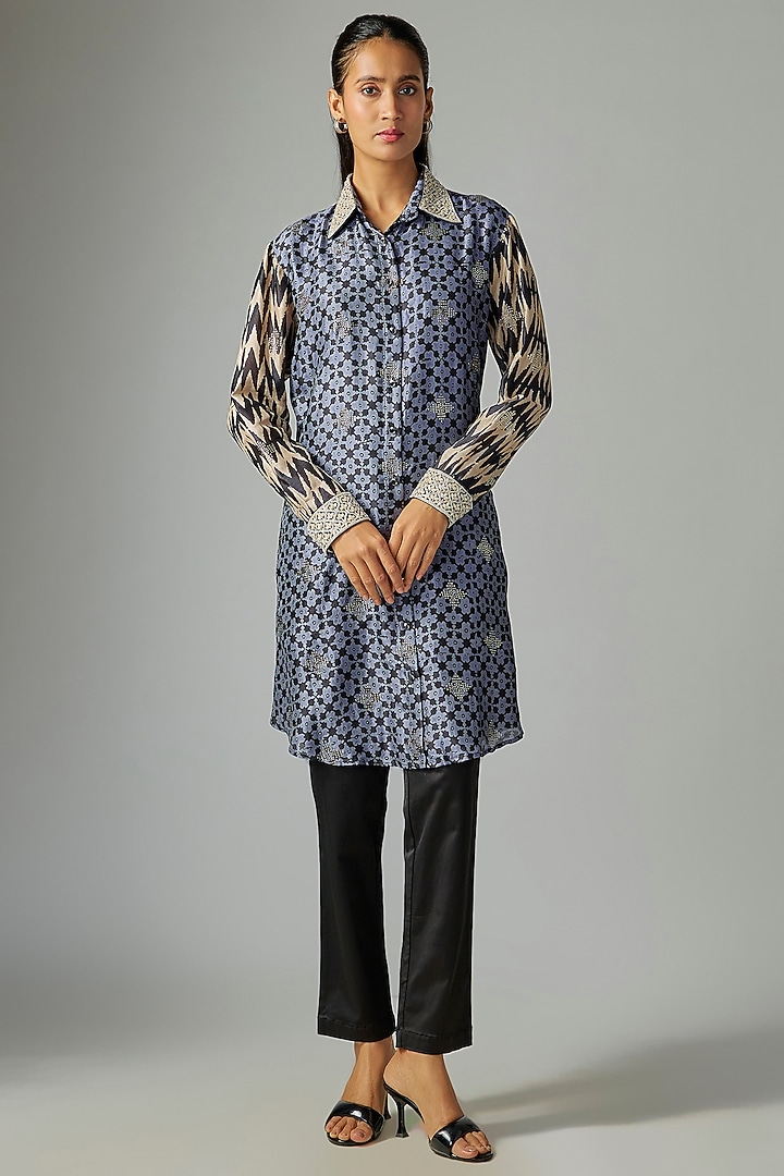 Blue Kora Silk Ajrakh Printed & Floral Embroidered Long Kurta Set by Prisha's at Pernia's Pop Up Shop