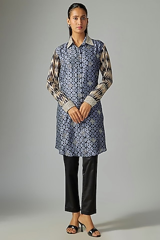 Blue Kora Silk Ajrakh Printed & Floral Embroidered Long Kurta Set by Prisha's