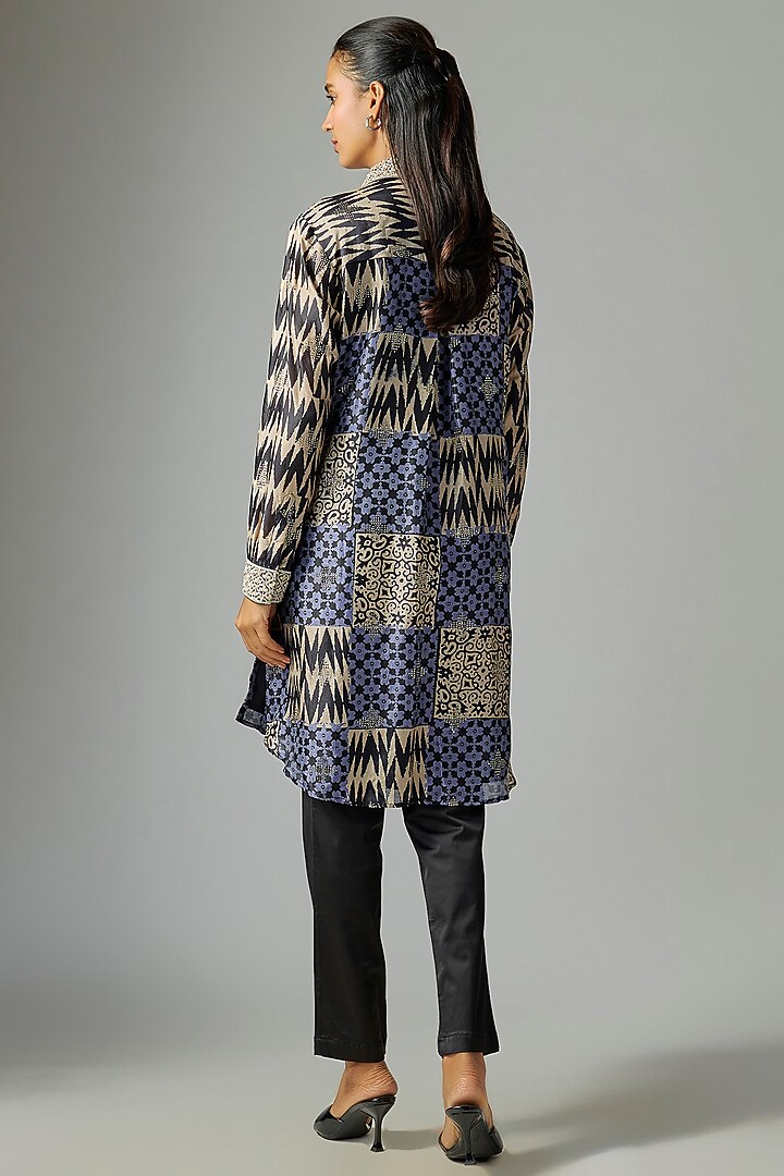 Blue Kora Silk Ajrakh Printed & Floral Embroidered Long Kurta Set by Prisha's at Pernia's Pop Up Shop