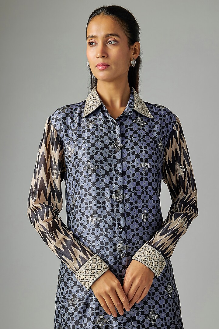 Blue Kora Silk Ajrakh Printed & Floral Embroidered Long Kurta Set by Prisha's at Pernia's Pop Up Shop