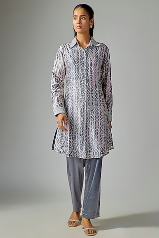 Grey Kora Silk Tie-Dye Printed Long Kurta Set by Prisha's
