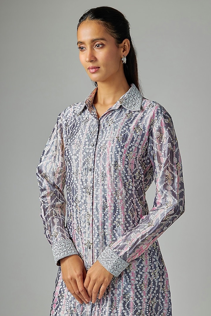 Grey Kora Silk Tie-Dye Printed Long Kurta Set by Prisha's at Pernia's Pop Up Shop