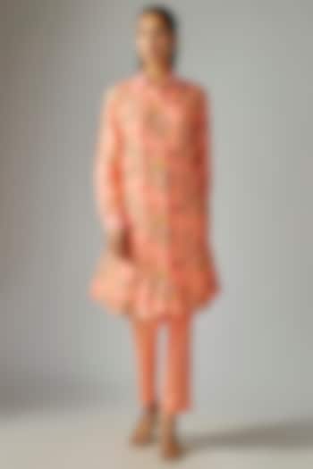 Peach Silk Floral Embroidery & Printed Kurta Set by Prisha's at Pernia's Pop Up Shop