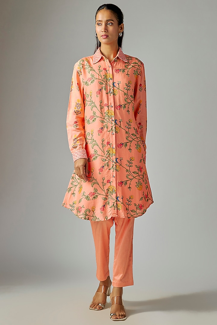 Peach Silk Floral Embroidery & Printed Kurta Set by Prisha's at Pernia's Pop Up Shop