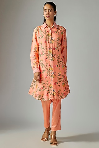 Peach Silk Floral Embroidery & Printed Kurta Set by Prisha's
