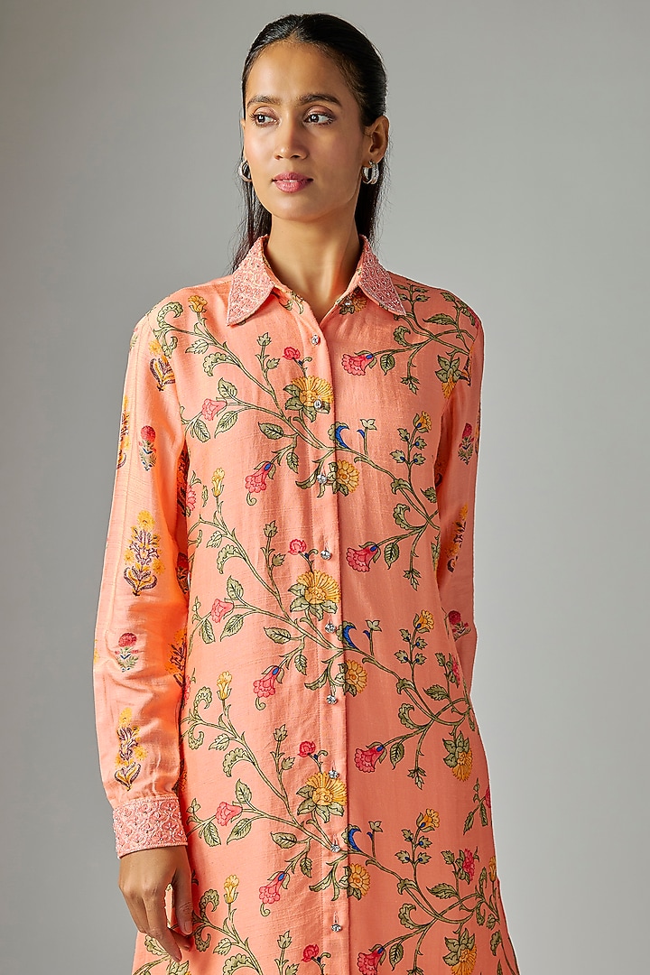 Peach Silk Floral Embroidery & Printed Kurta Set by Prisha's at Pernia's Pop Up Shop