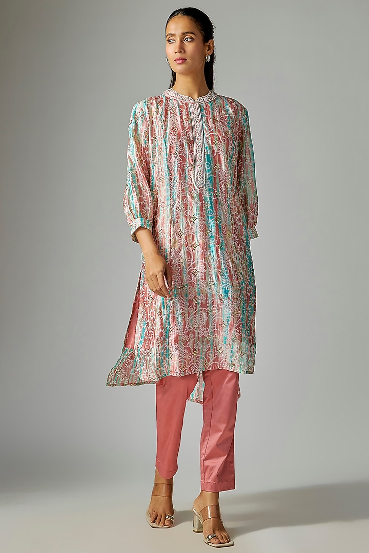 Pink & Blue Silk Tie and Dye Printed Kurta Set by Prisha's at Pernia's Pop Up Shop