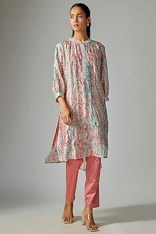 Pink & Blue Silk Tie and Dye Printed Kurta Set by Prisha's