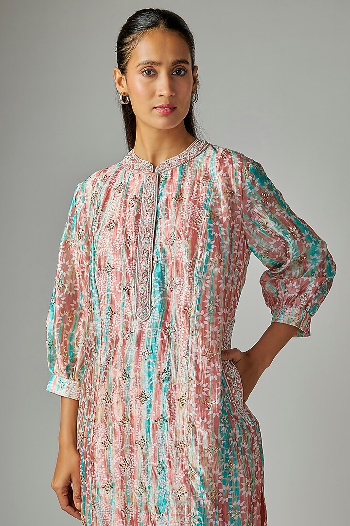 Pink & Blue Silk Tie and Dye Printed Kurta Set by Prisha's at Pernia's Pop Up Shop
