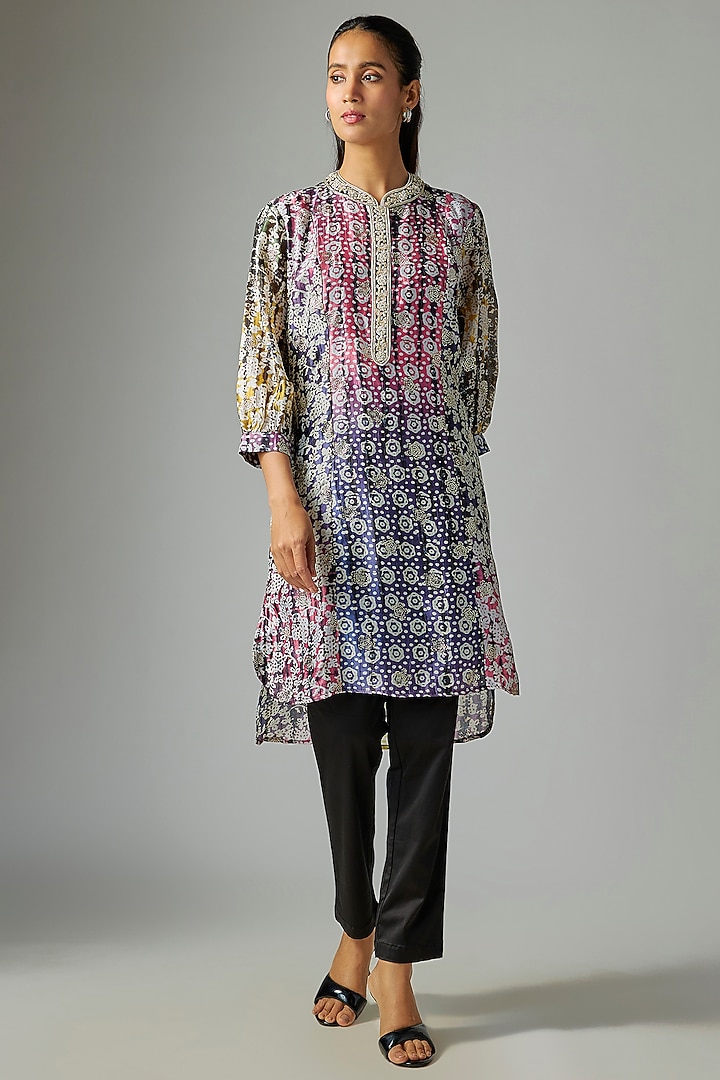 Purple Silk Tie & Dye Printed Kurta Set by Prisha's at Pernia's Pop Up Shop