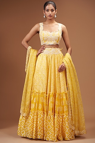 Yellow Kora Silk Block Printed Lehenga Set by Prisha's