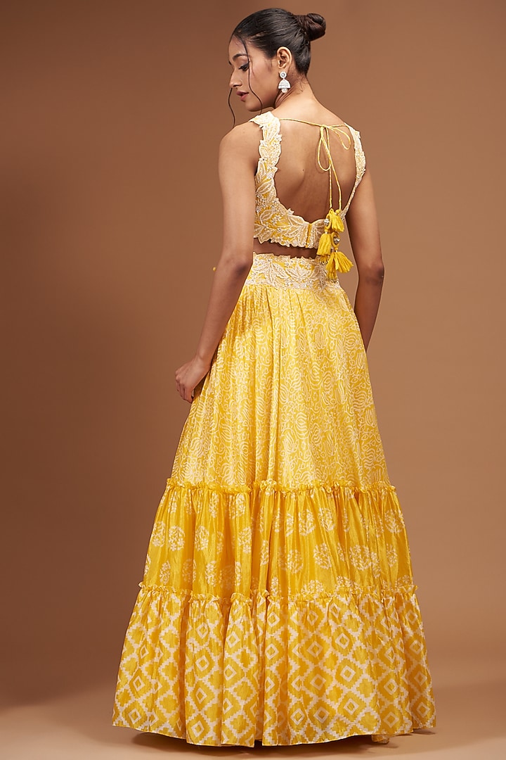 Yellow Kora Silk Block Printed Wedding Lehenga Set by Prisha's at Pernia's Pop Up Shop