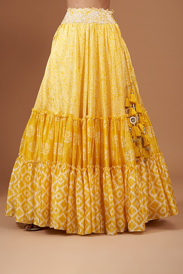 Yellow Kora Silk Block Printed Wedding Lehenga Set by Prisha's at Pernia's Pop Up Shop