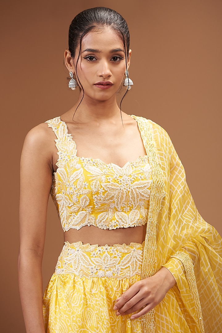 Yellow Kora Silk Block Printed Wedding Lehenga Set by Prisha's at Pernia's Pop Up Shop
