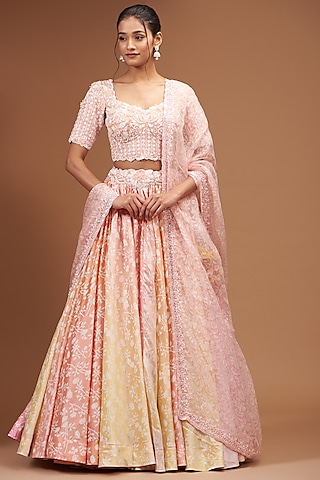 Peach & Pink Kora Silk Block Printed Lehenga Set by Prisha's