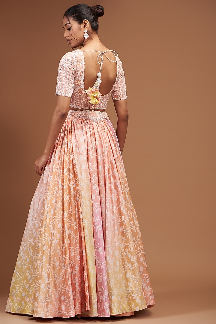 Peach & Pink Kora Silk Block Printed Wedding Lehenga Set by Prisha's at Pernia's Pop Up Shop