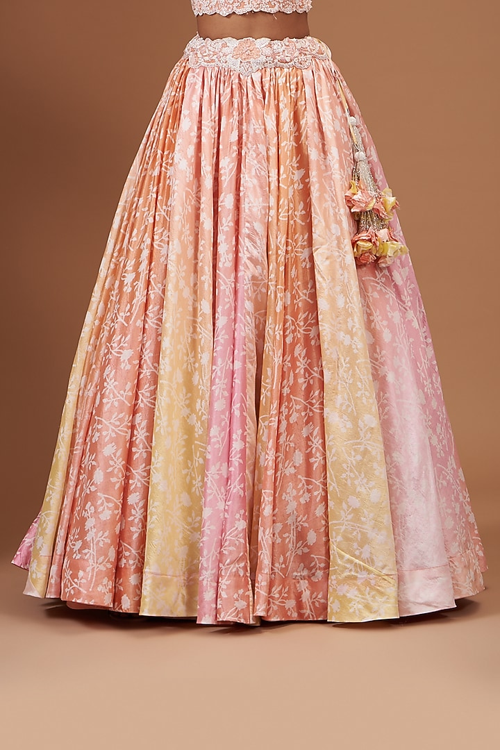 Peach & Pink Kora Silk Block Printed Wedding Lehenga Set by Prisha's at Pernia's Pop Up Shop