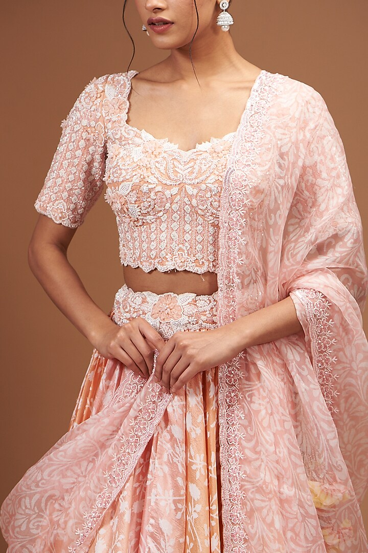 Peach & Pink Kora Silk Block Printed Wedding Lehenga Set by Prisha's at Pernia's Pop Up Shop