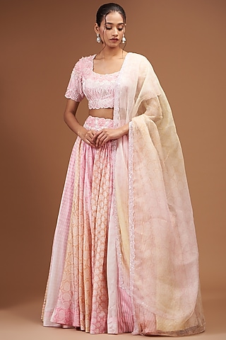 Peach & Pink Kora Silk Block Printed Lehenga Set by Prisha's