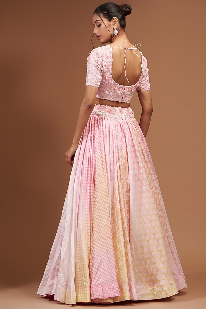 Peach & Pink Kora Silk Block Printed Wedding Lehenga Set by Prisha's at Pernia's Pop Up Shop