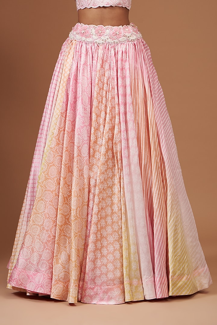 Peach & Pink Kora Silk Block Printed Wedding Lehenga Set by Prisha's at Pernia's Pop Up Shop