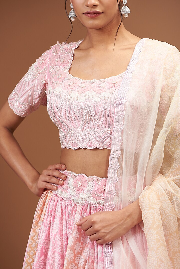 Peach & Pink Kora Silk Block Printed Wedding Lehenga Set by Prisha's at Pernia's Pop Up Shop