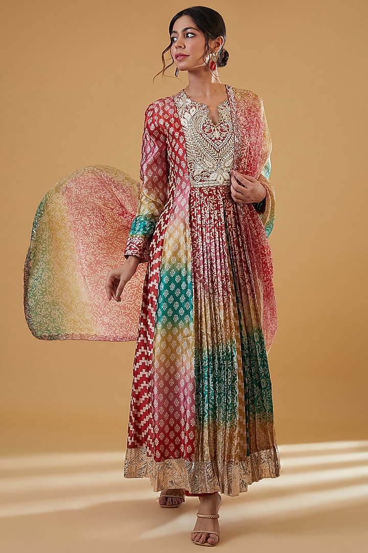 Multi-Colored Silk Paisley Embroidered Shaded Kurta Set by Prisha's at Pernia's Pop Up Shop