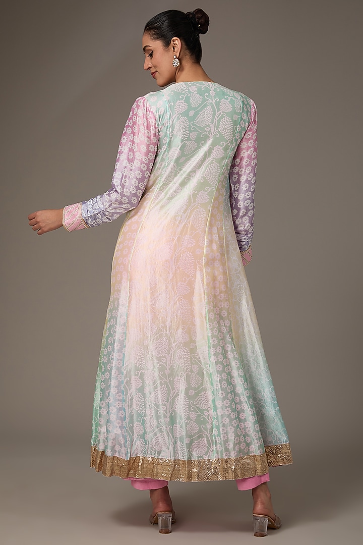 Multi-Colored Kora Silk Block Printed & Hand Embroidered Kurta Set by Prisha's at Pernia's Pop Up Shop