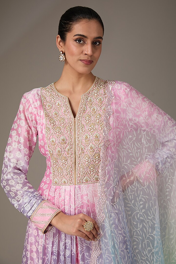 Multi-Colored Kora Silk Block Printed & Hand Embroidered Kurta Set by Prisha's at Pernia's Pop Up Shop