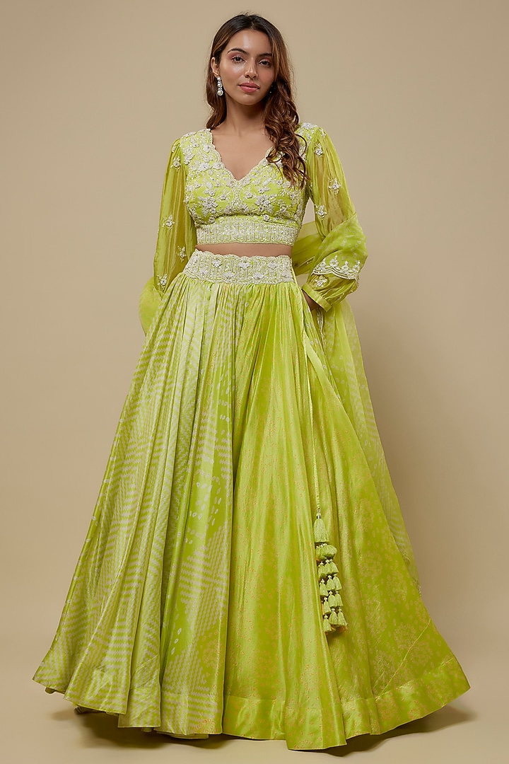 Green Kora Silk Printed Wedding Lehenga Set by Prisha's at Pernia's Pop Up Shop