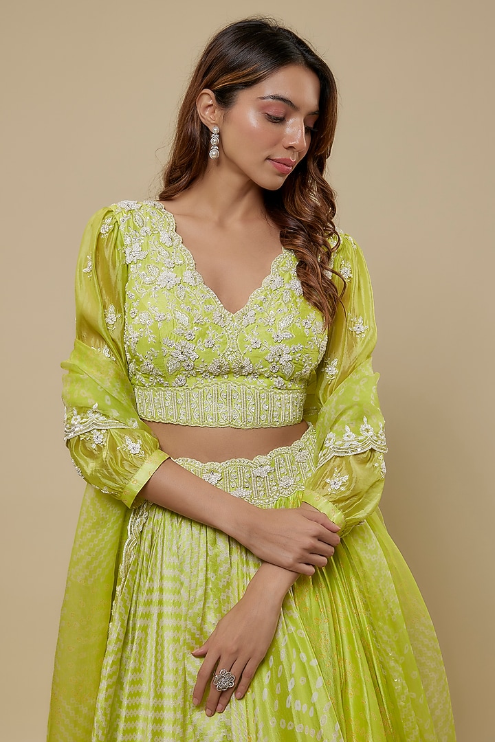 Green Kora Silk Printed Wedding Lehenga Set by Prisha's at Pernia's Pop Up Shop