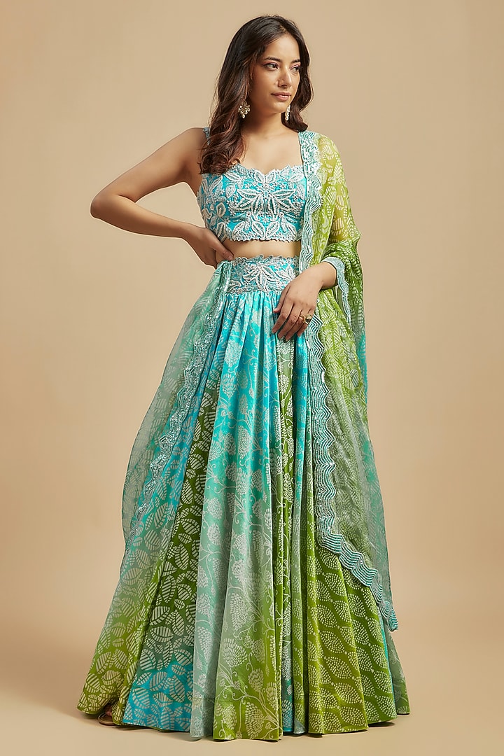 Blue & Green Kora Silk Block Printed Wedding Lehenga Set by Prisha's at Pernia's Pop Up Shop