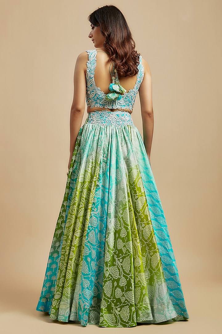 Blue & Green Kora Silk Block Printed Wedding Lehenga Set by Prisha's at Pernia's Pop Up Shop