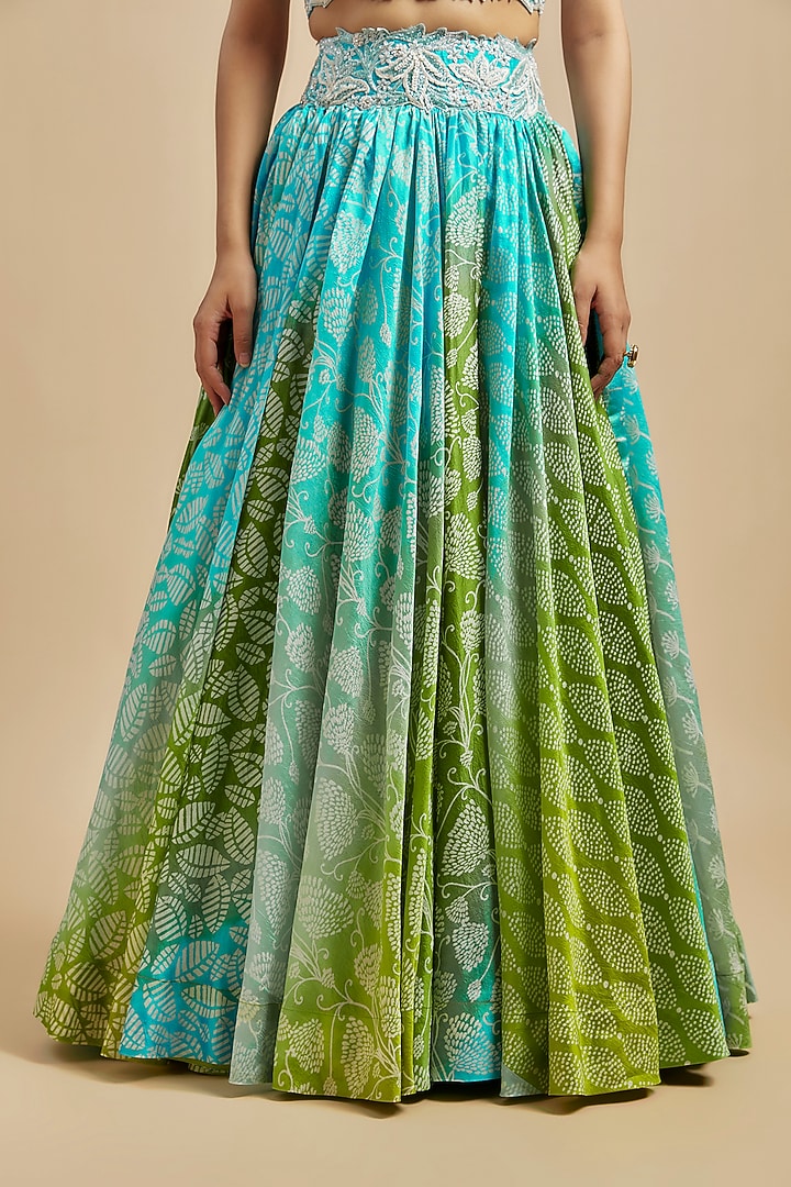 Blue & Green Kora Silk Block Printed Wedding Lehenga Set by Prisha's at Pernia's Pop Up Shop