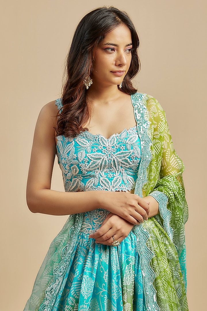 Blue & Green Kora Silk Block Printed Wedding Lehenga Set by Prisha's at Pernia's Pop Up Shop