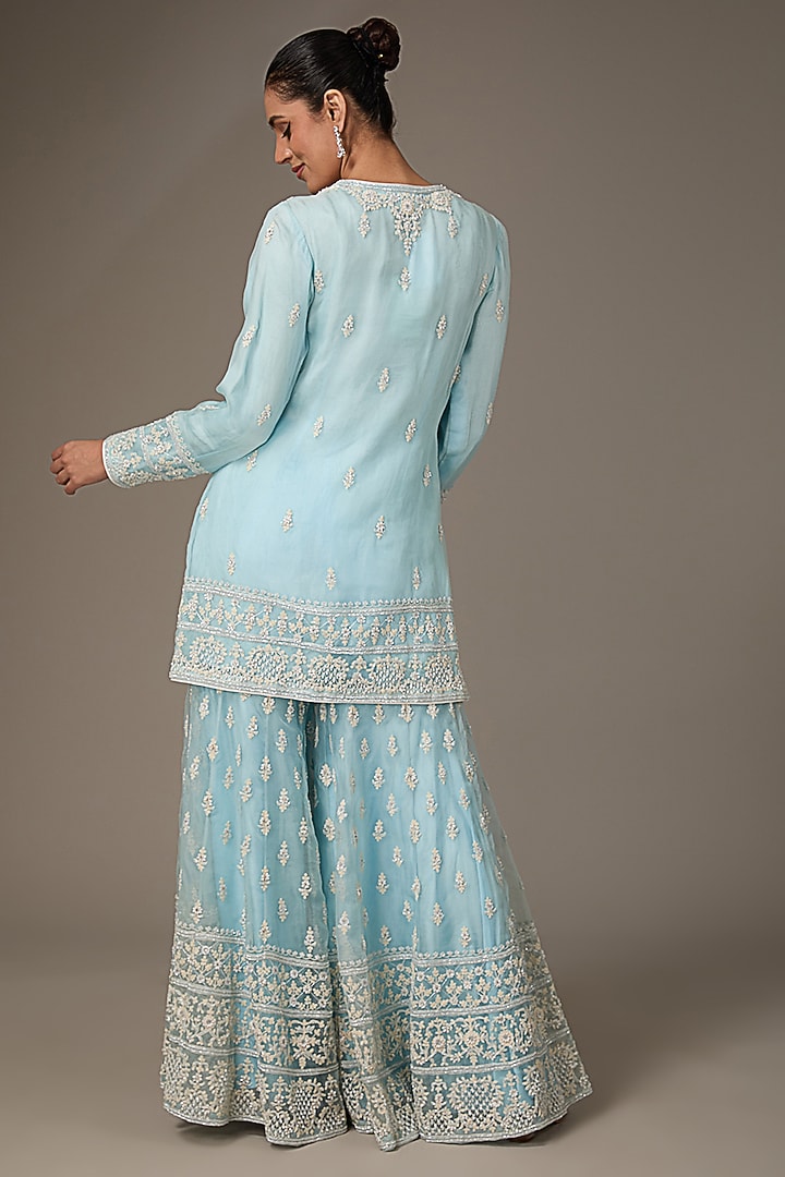 Blue Silk Hand Embroidered Kurta Set by Prisha's at Pernia's Pop Up Shop