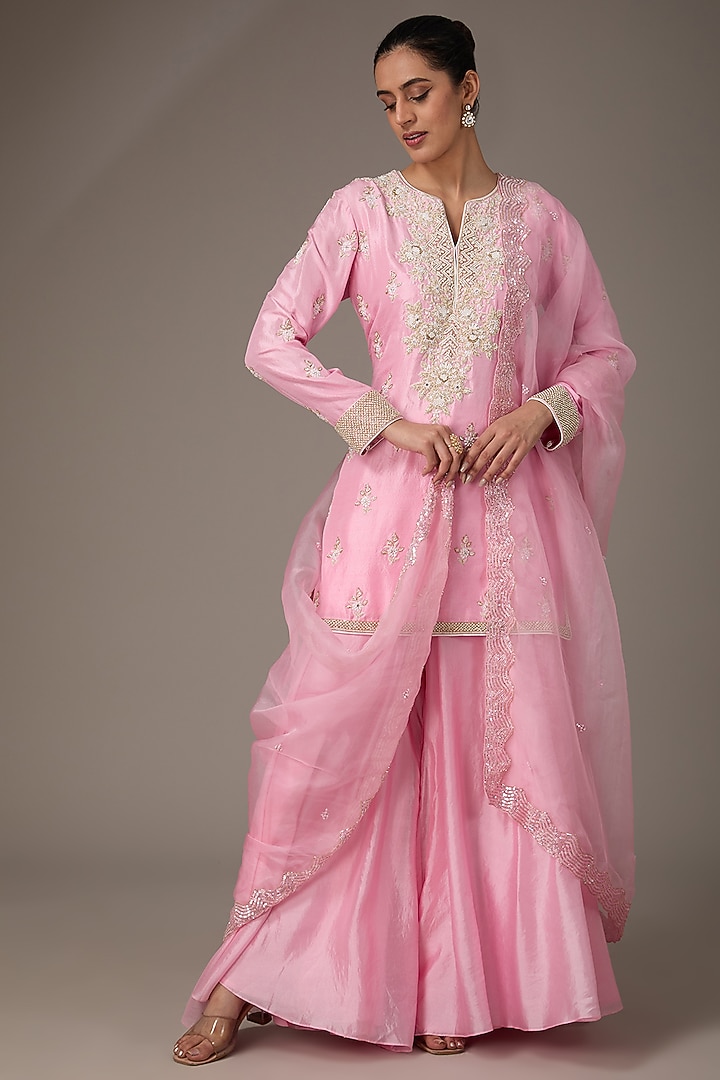 Pink Silk Organza Hand Embroidered Kurta Set by Prisha's at Pernia's Pop Up Shop