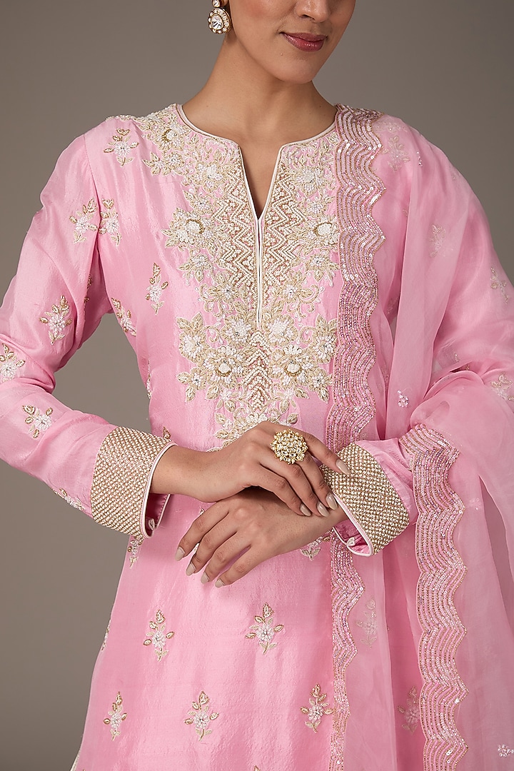 Pink Silk Organza Hand Embroidered Kurta Set by Prisha's at Pernia's Pop Up Shop