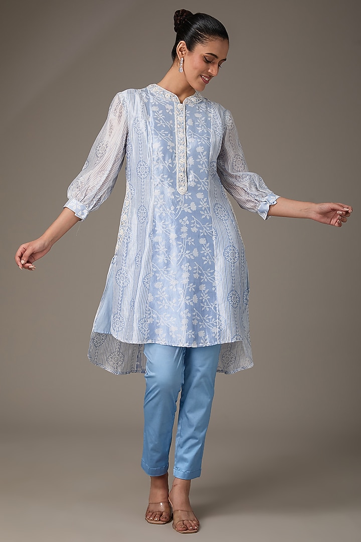 Blue Kora Silk Block Printed & Hand Embroidered Tunic Set by Prisha's at Pernia's Pop Up Shop