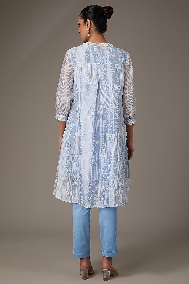 Blue Kora Silk Block Printed & Hand Embroidered Tunic Set by Prisha's at Pernia's Pop Up Shop