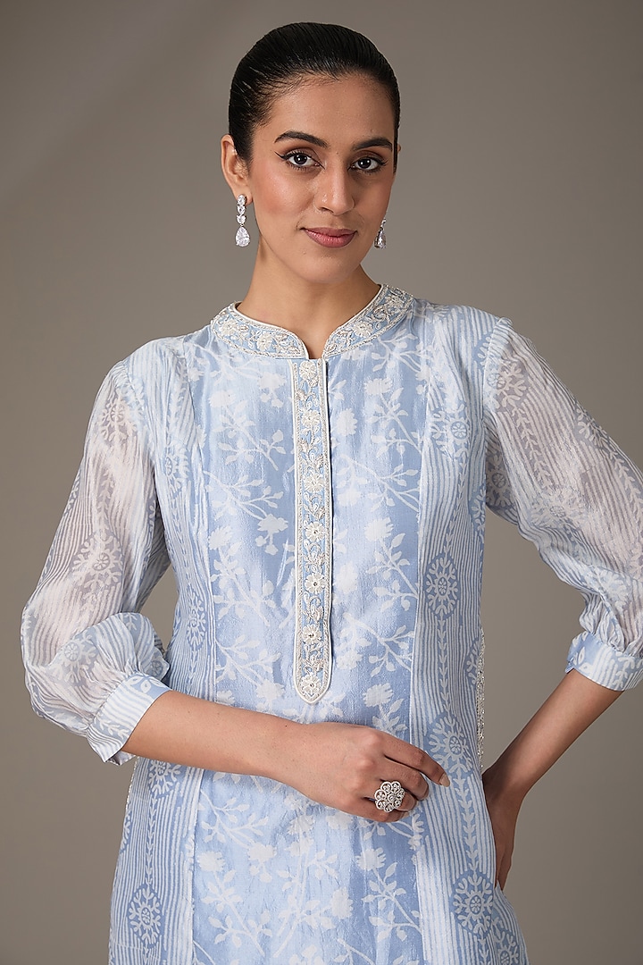 Blue Kora Silk Block Printed & Hand Embroidered Tunic Set by Prisha's at Pernia's Pop Up Shop