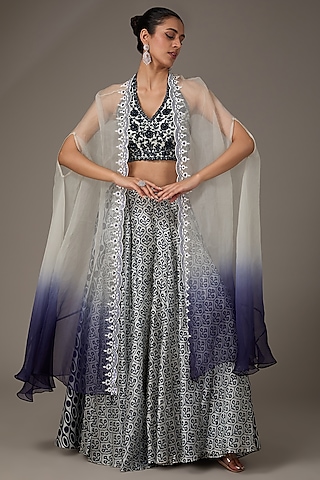 Grey & Navy Blue Organza Hand Embroidered Cape Set by Prisha's