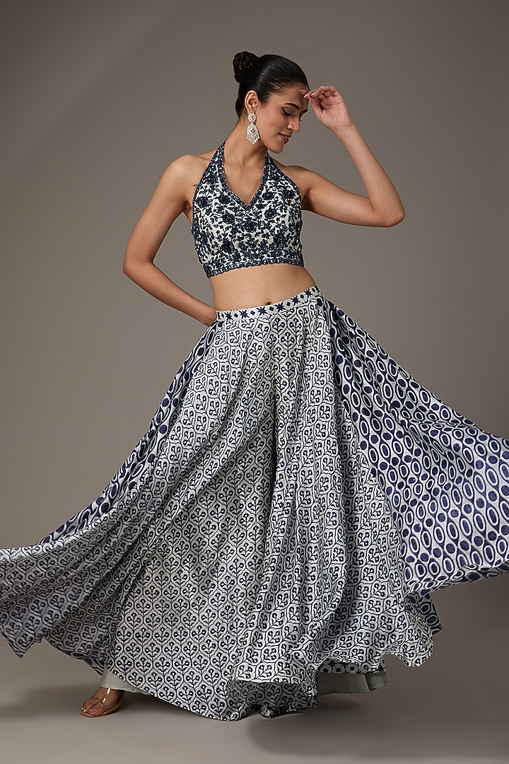 Grey & Navy Blue Organza Hand Embroidered Cape Set by Prisha's at Pernia's Pop Up Shop
